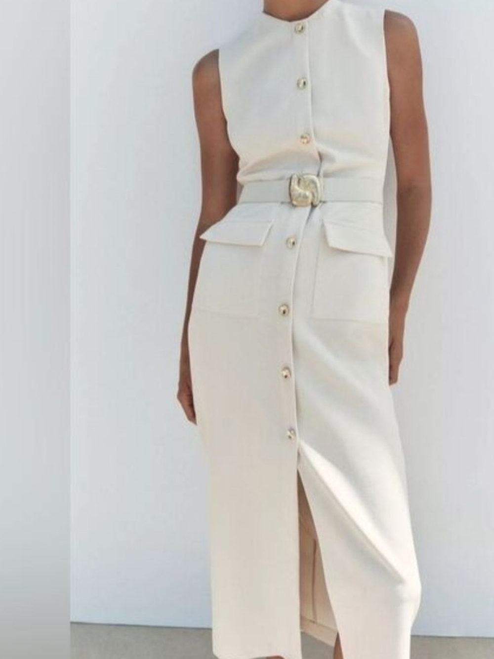 Zara Sleeveless Ivory Button-Front Midi Dress with Belt Size Small